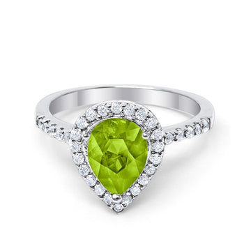 Halo Teardrop Bridal Filigree Ring Simulated Peridot CZ 925 Sterling Silver